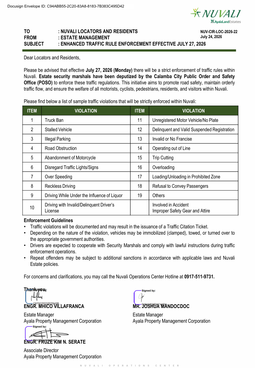 Nuvali Advisory: Enhanced Traffic Rule Enforcement Effective July 27, 2026