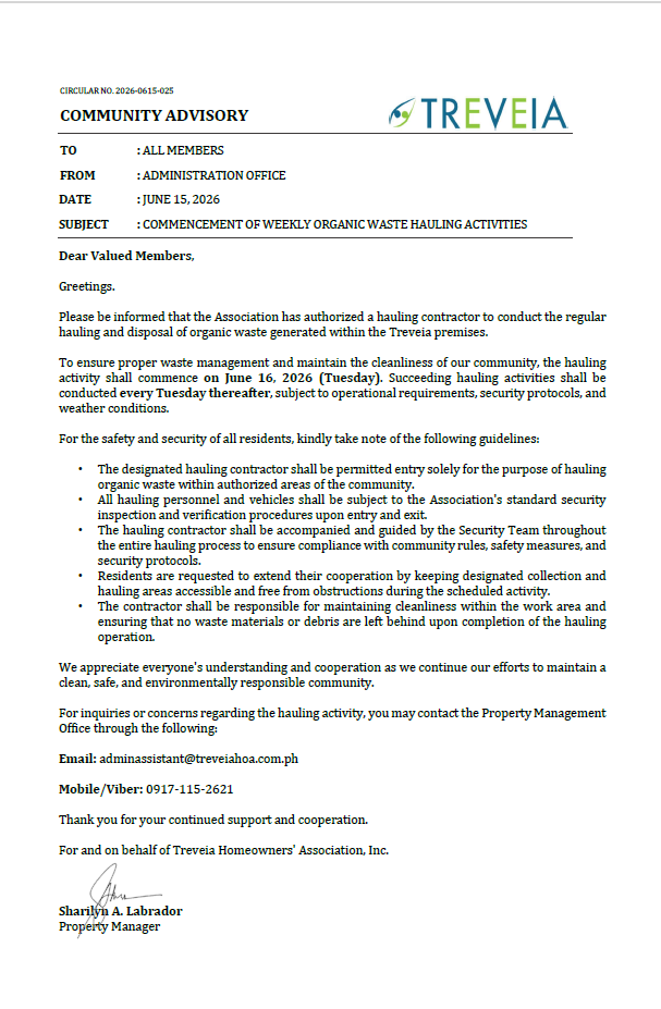 COMMENCEMENT OF WEEKLY ORGANIC WASTE HAULING ACTIVITIES