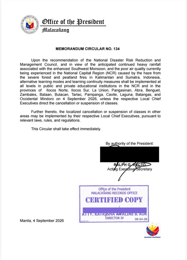 ADVISORY FROM THE OFFICE OF THE PRESIDENT